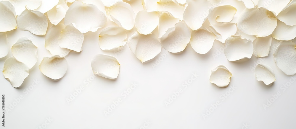 Poster white floral arrangement featuring white rose petals set against a white background. with copy space