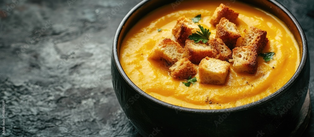 Poster close up of pumpkin soup with croutons in iron pots adorned with croutons on a dark background featu