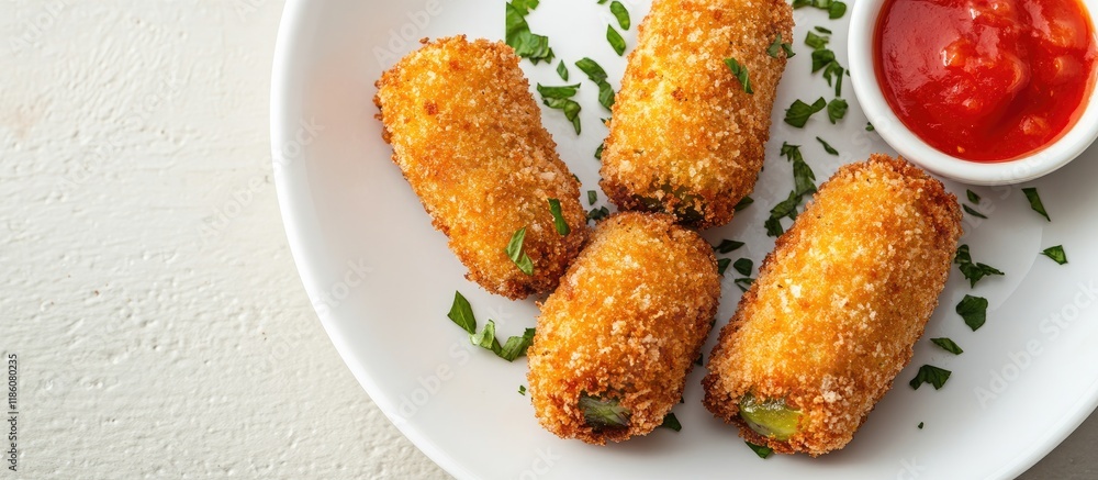 Poster fried jalapeno poppers accompanied by red dipping sauce on a white plate. with copy space image. pla
