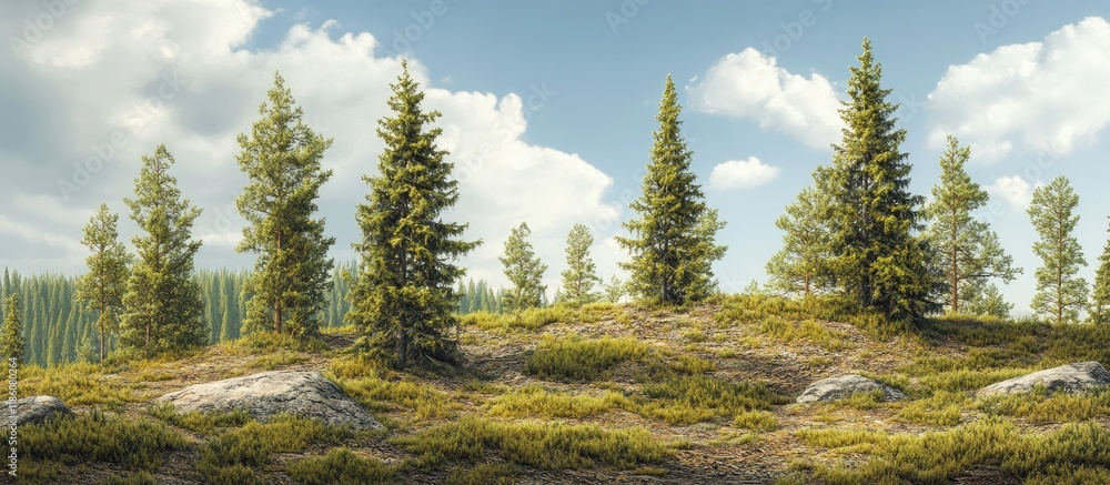 Poster open terrain featuring a hillside of logged spruce hemlock and fir trees. with copy space image. pla