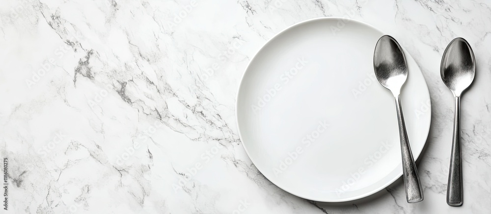 Fototapete Image of an empty white plate with a spoon and fork set against a white marble background Selective focus with a blurred background. with copy space image. Place for adding text or design