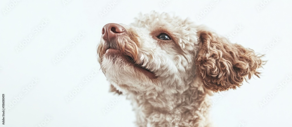 Poster Close up of a joyful Lagotto Romagnolo dog posing against a white background. with copy space image. Place for adding text or design