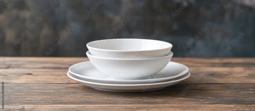 Poster empty tableware a white plate a bowl and a cup on a wooden table serving as a background for food ph