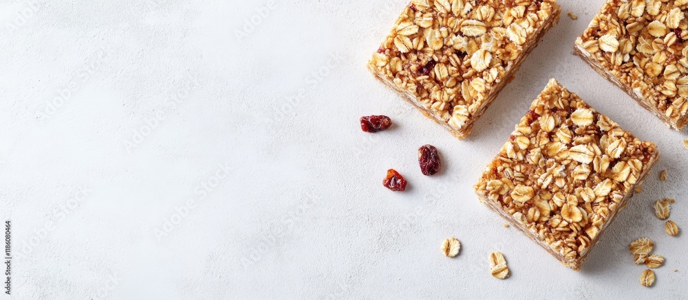 Poster healthy breakfast and snack idea homemade oat bars on a light background with copyspace top view