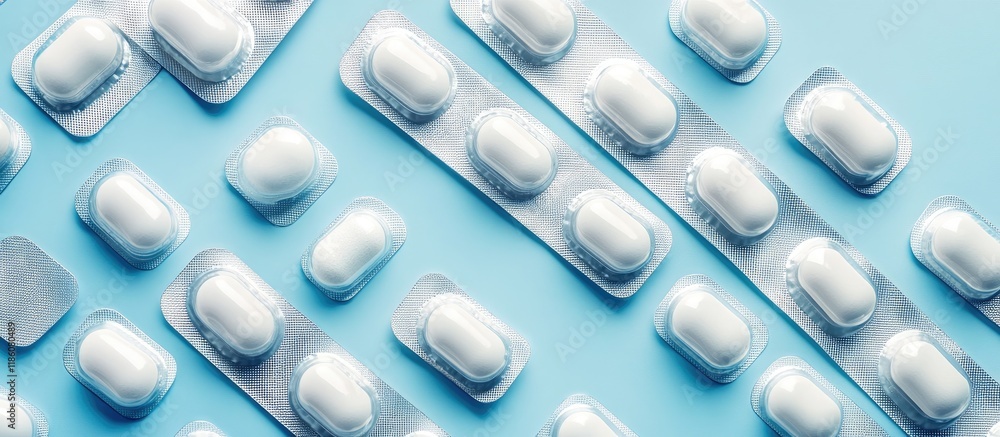 Poster Blister packs containing calcium supplement pills arranged on a light blue background viewed from above Room for text. with copy space image. Place for adding text or design