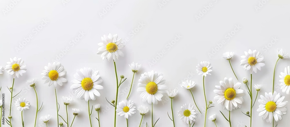 Fototapete Flat lay arrangement featuring blooming daisies and blank space for text on a white background Spring flowers. with copy space image. Place for adding text or design