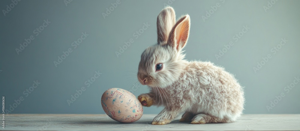 Poster Fluffy Easter bunny with a painted wooden egg. with copy space image. Place for adding text or design