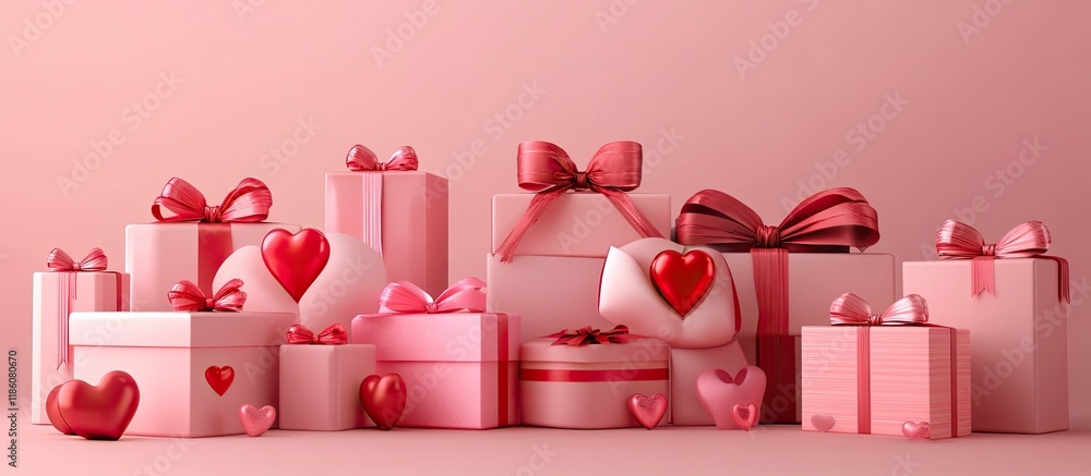 Leinwandbilder valentine s day arrangement pink gift boxes with bows and red hearts along with various other boxes 