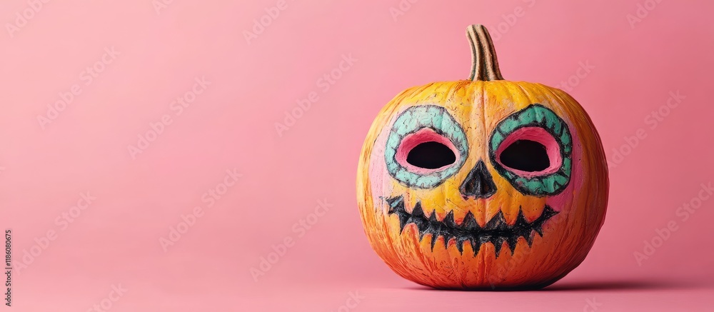 Poster Pumpkin with a painted face and clay mask on a pink backdrop. with copy space image. Place for adding text or design