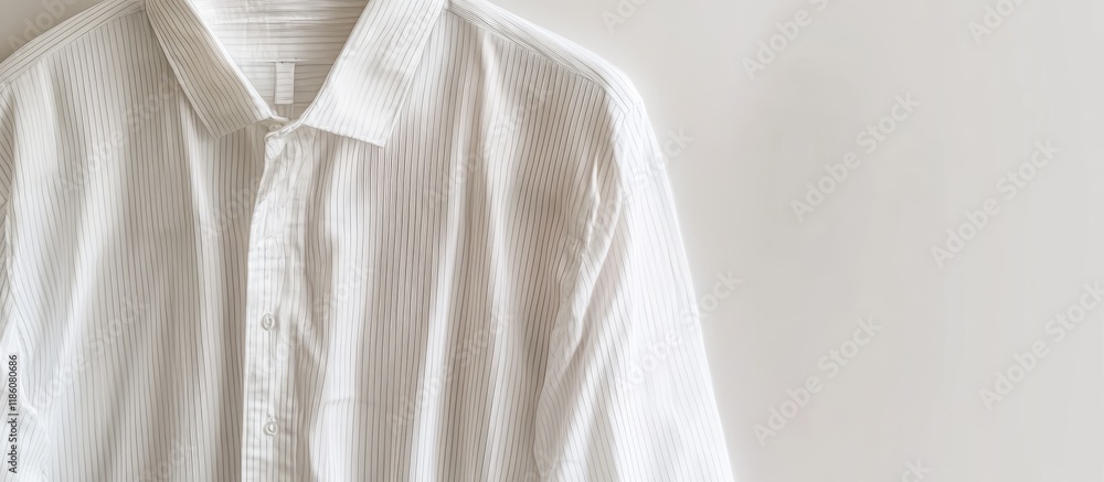 Poster closeup of a long sleeved white striped shirt hanging. with copy space image. place for adding text 