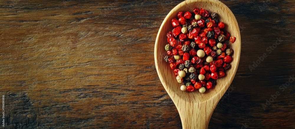 Poster a wooden spoon containing a blend of peppers rests on a wooden table. with copy space image. place f