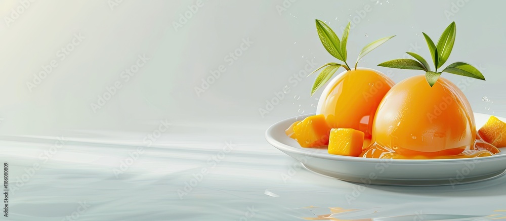 Leinwandbilder Asian sweet mango and pudding on a plate. with copy space image. Place for adding text or design