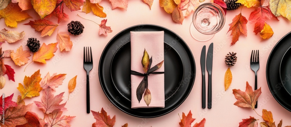 Poster festive table arrangement featuring cutlery light pink napkin black plates wine glass and autumn lea