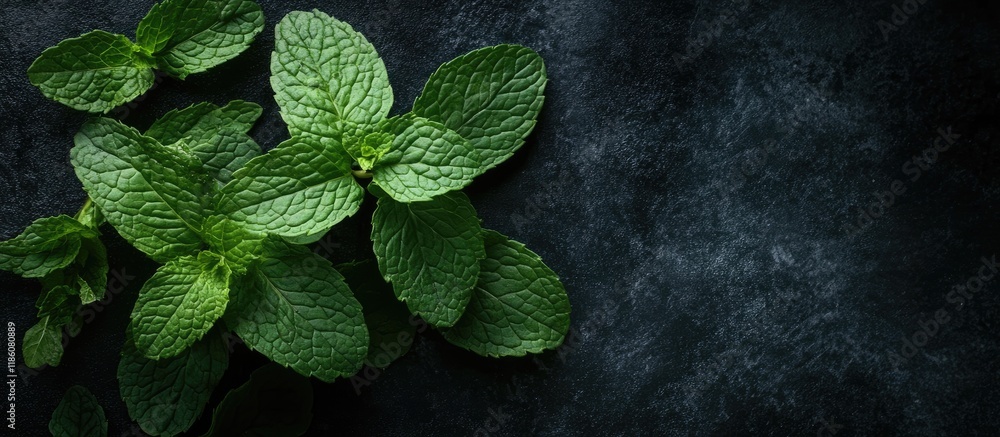 Aufkleber Fresh mint leaves Italian herbs Dark backdrop. with copy space image. Place for adding text or design