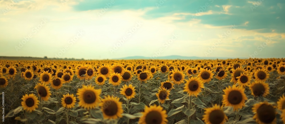 Poster sunflower field featuring copy space for text vintage style