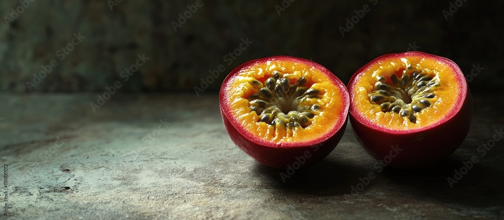 Aufkleber maracuja passionfruit halved still life perspective. with copy space image. place for adding text or