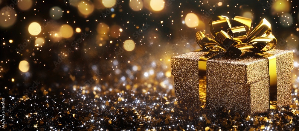 Aufkleber Christmas present on a decorative background in gold with shimmering stars. with copy space image. Place for adding text or design