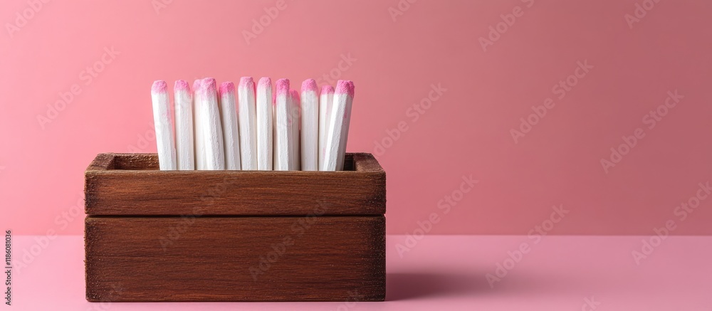Poster white chalk for writing on a board in a brown wooden box set against a pink background. with copy sp