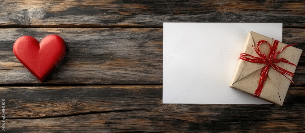 Poster Heart gift box and paper on an antique wood table for the background. with copy space image. Place for adding text or design
