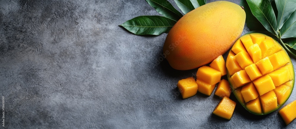 Leinwandbilder freshly sliced chopped and diced ripe mango on a gray table background with a leaf for consumption. 