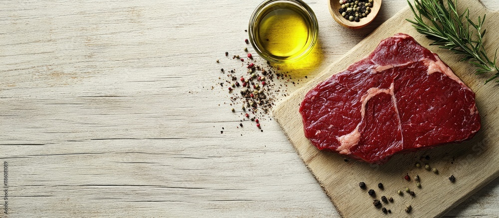 Poster raw beef steak on a light wood surface accompanied by olive oil and spices. with copy space image. p