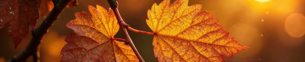 Fototapeta premium Golden brown grape leaf with waxy texture and intricate veins, botanical, vine, wax