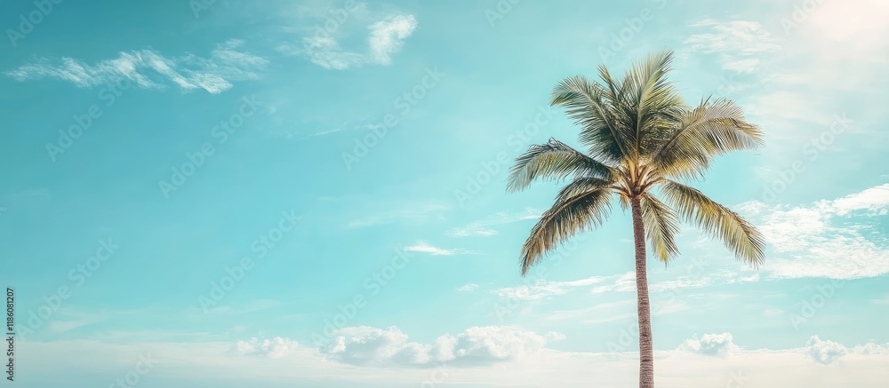 Poster summer at the beach with a palm tree under the blue sky and clouds includes copy space minimalist co
