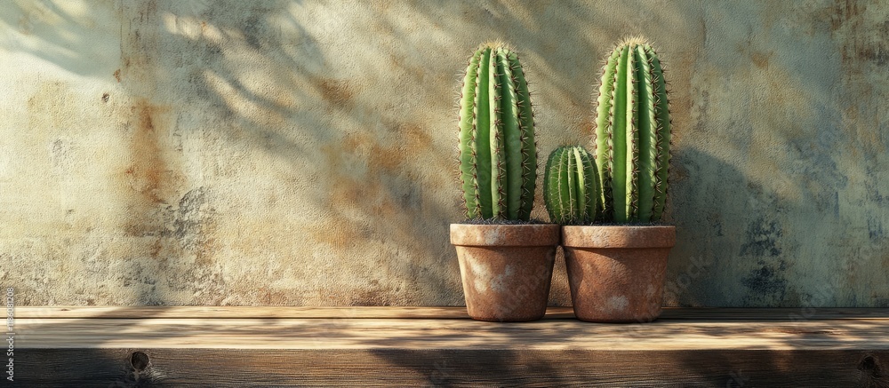 Poster cactus on wood still life featuring three natural cactus plants. with copy space image. place for ad