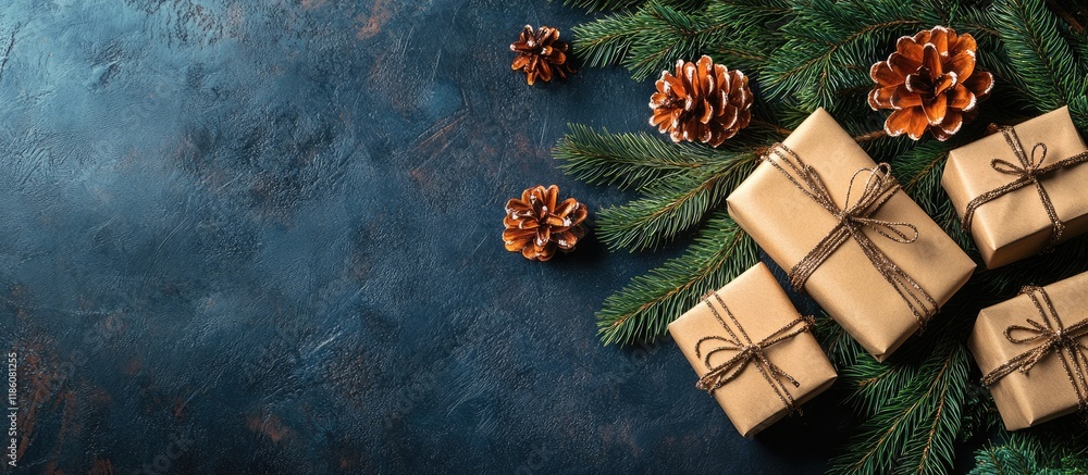 Poster Xmas fir tree branch Christmas gift boxes and a space for greeting text Flat lay. with copy space image. Place for adding text or design