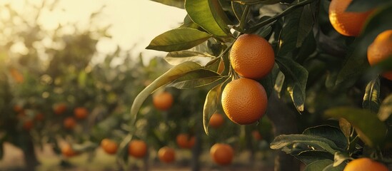 Oranges growing on trees in Barcelona. with copy space image. Place for adding text or design