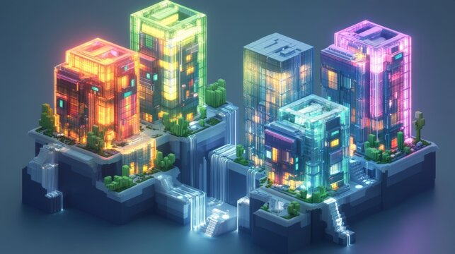 An isometric voxel cityscape floating in abstract space, with buildings made of translucent cubes in neon colors. Multiple cubic platforms at different elevations connect via pixelated waterfalls,