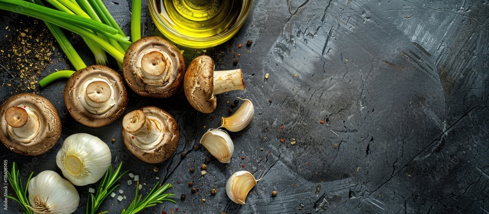 Aufkleber Overhead view of organic mushrooms scallions spring onions and garlic butter with extra virgin olive oil. with copy space image. Place for adding text or design