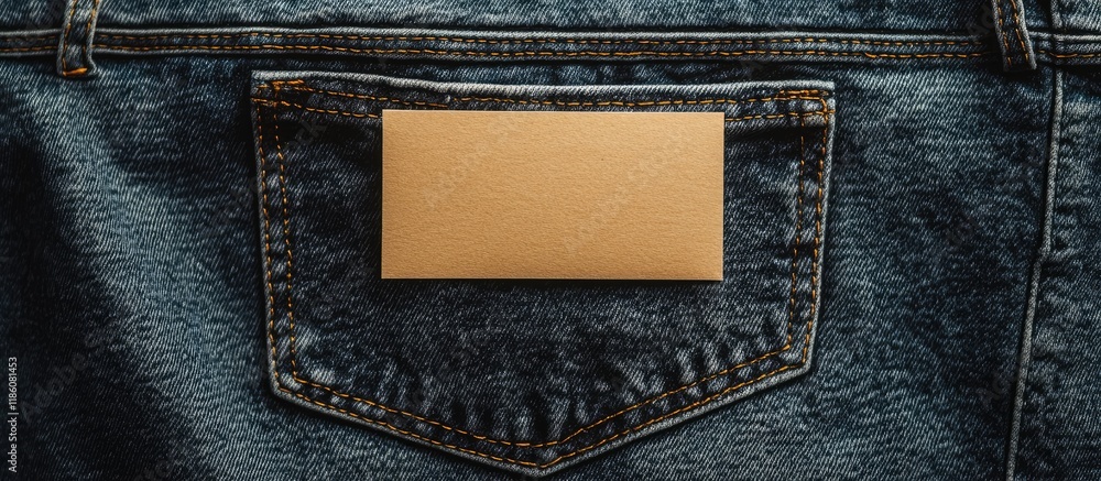 Poster Paper card in a jeans pocket on denim clothing Denim mockup with text space. with copy space image. Place for adding text or design