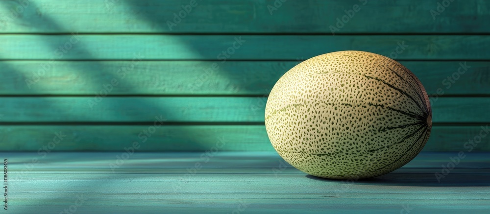 Aufkleber Melon on a Green Wooden Surface. with copy space image. Place for adding text or design
