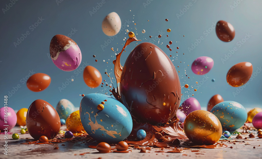 Poster chocolate egg is sitting on a table next to several other eggs. the chocolate egg is surrounded by a