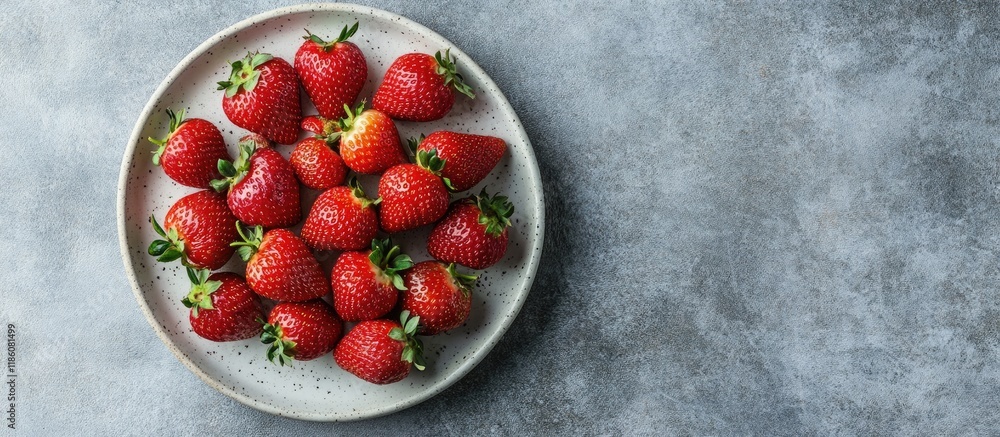 Poster fresh tasty strawberries arranged on a chic plate against a concrete backdrop above view with copysp