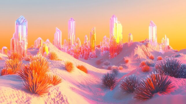 A surreal voxel desert scene with cubic sand dunes in sunset oranges and pinks. Giant crystalline structures made of transparent voxels rise from the landscape, refracting light in geometric patterns