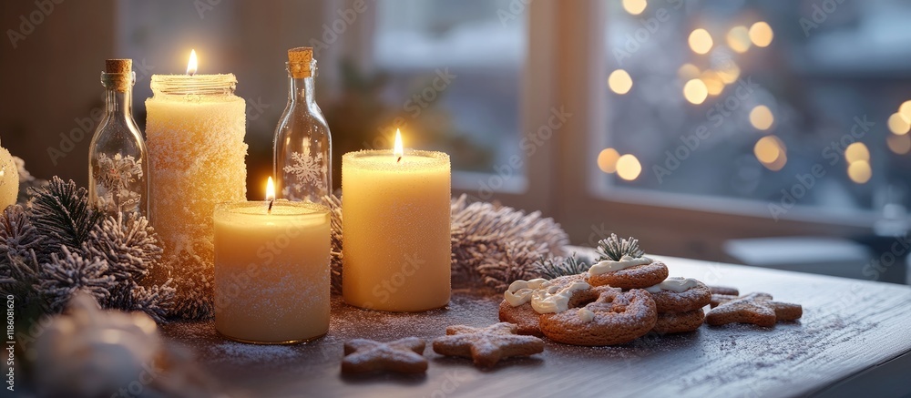 Aufkleber Four candles in bottles are lit for Advent with Christmas cookies and decorations on a table by the window copy space selected focus narrow depth of field