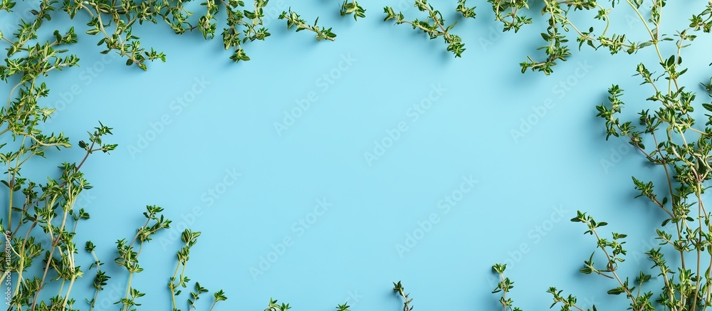 Leinwandbilder Thyme natural herbs arranged in a frame on a blue background with room for text. with copy space image. Place for adding text or design
