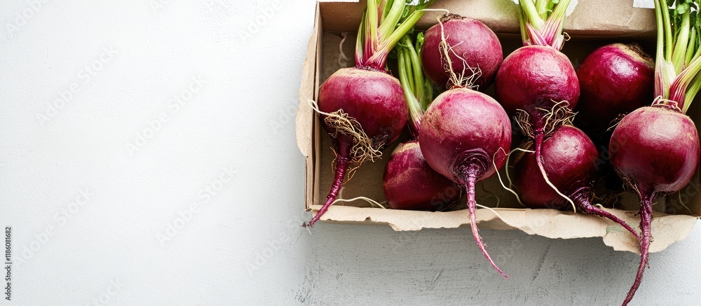 Poster red beetroot and green onion sprouts in a box on a white background. with copy space image. place fo