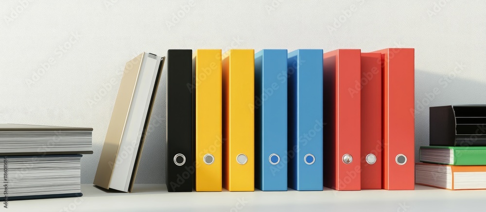 Poster Office folders and stationery on a white backdrop. with copy space image. Place for adding text or design