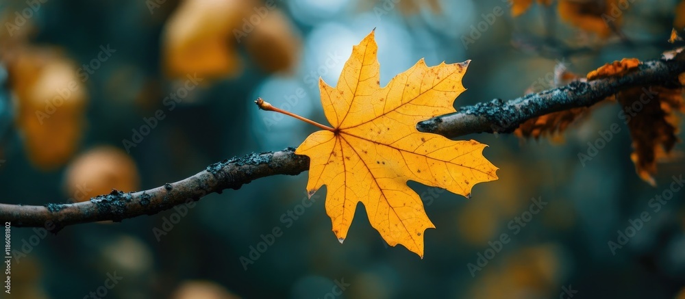 Poster a vibrant yellow autumn leaf on a branch amid withered leaves with greenery in the background depict