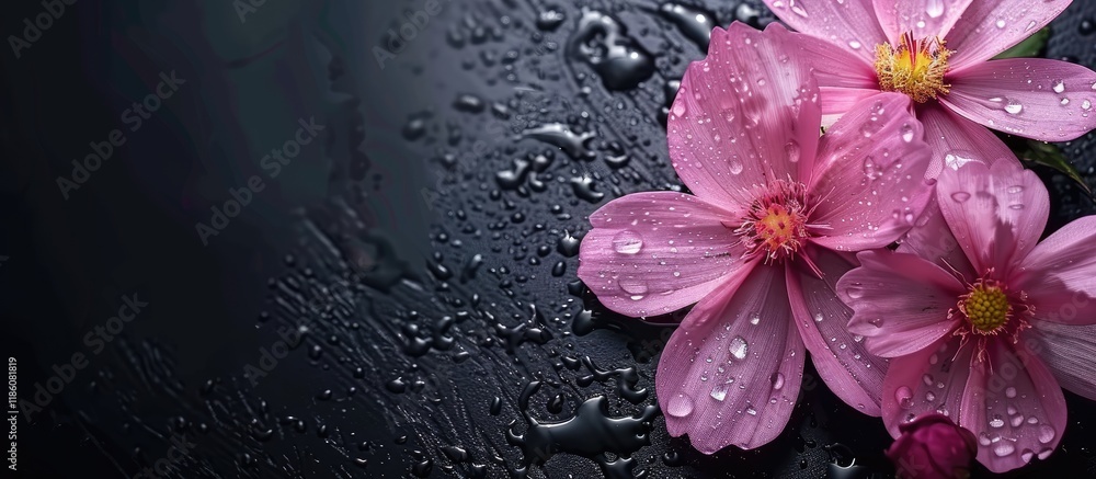 Poster cosmos flowers with droplets of water. with copy space image. place for adding text or design