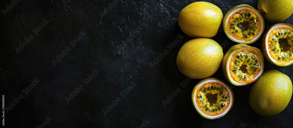 Aufkleber Overhead view of yellow skinned passion fruits on a black background. with copy space image. Place for adding text or design