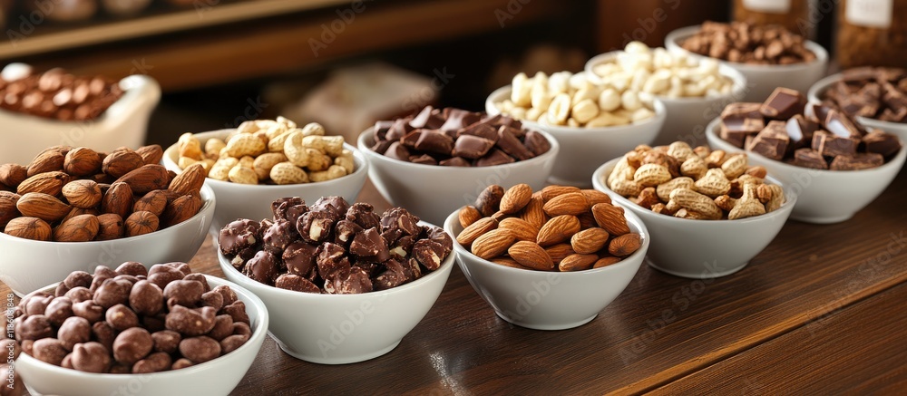 Leinwandbilder A table displaying bowls filled with various nuts and chocolate. with copy space image. Place for adding text or design