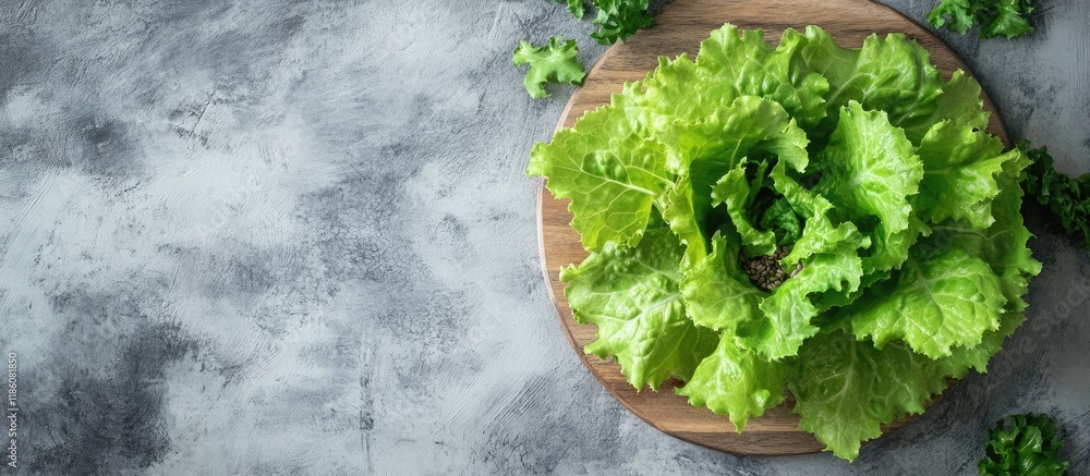 Aufkleber Fresh green lettuce head and seeds on a wooden kitchen board against a grey concrete background top view. with copy space image. Place for adding text or design