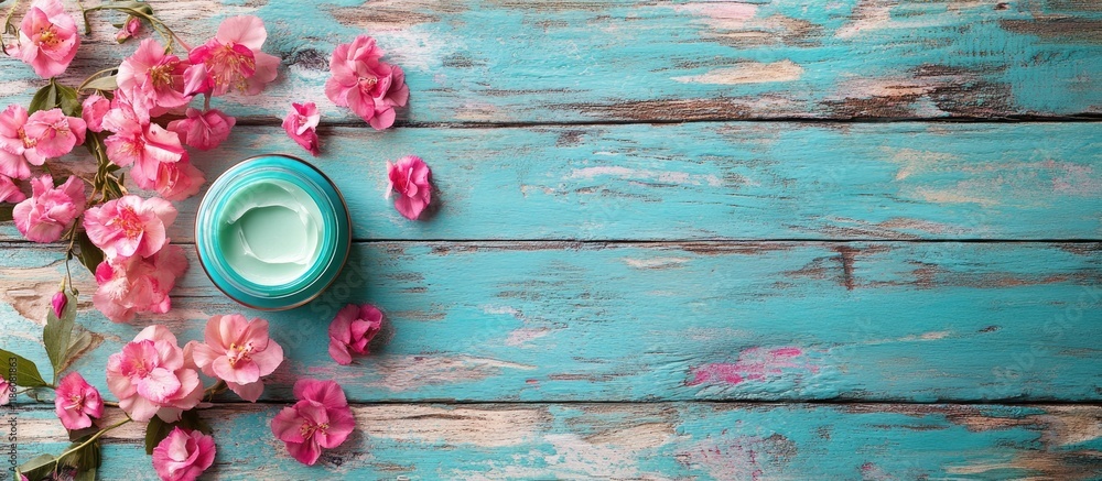 Poster hand and face cream with pink flowers on vibrant weathered wood. with copy space image. place for ad