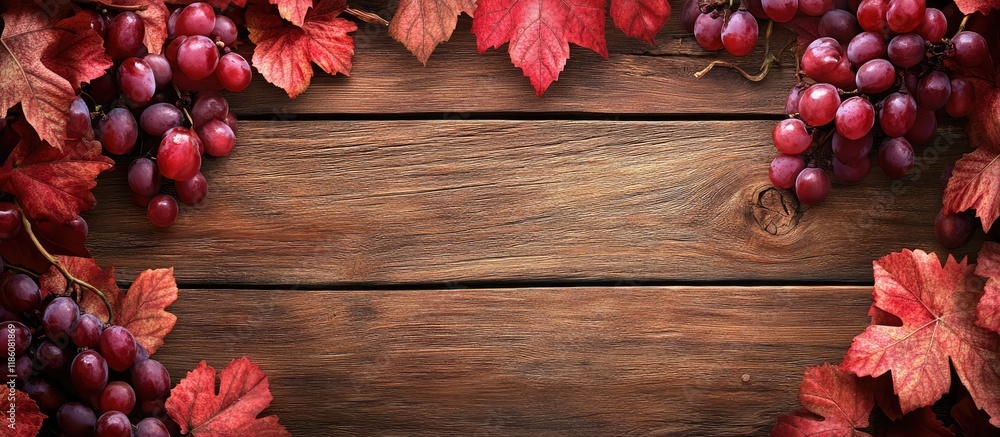 Poster red grape leaves on a wooden backdrop autumn scenery. with copy space image. place for adding text o