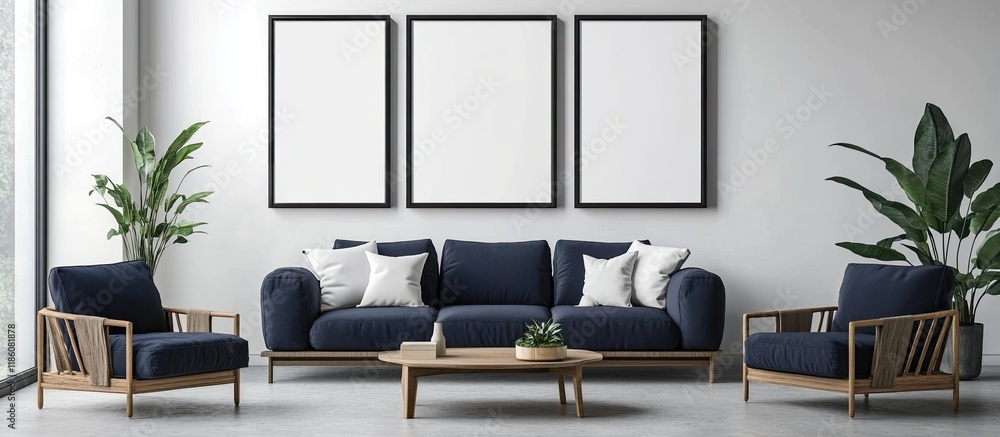 Leinwandbilder scandinavian navy sofa and chair in a minimalist living room interior empty frames on the wall for a