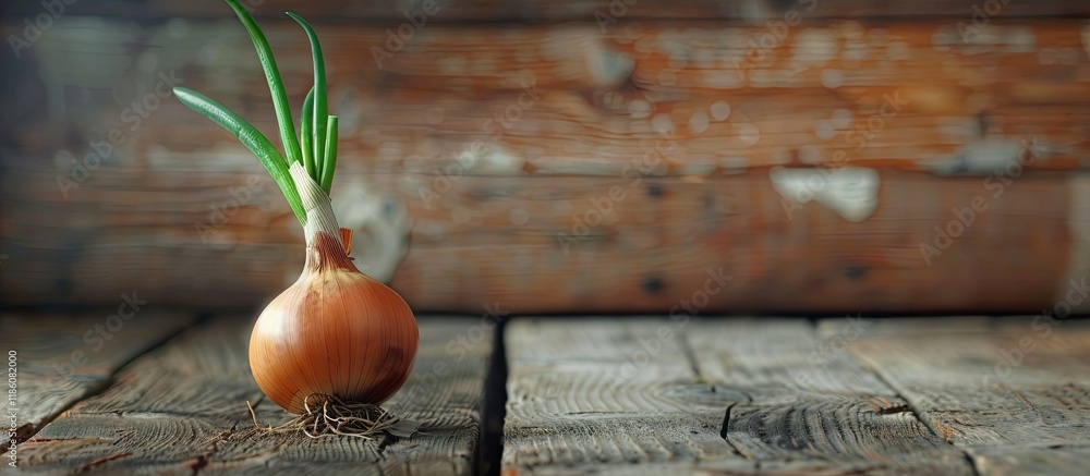 Poster onion bulb nurturing against a wooden backdrop. with copy space image. place for adding text or desi